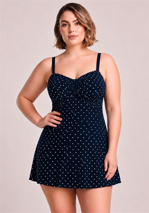Navy Dotty Twisted Front Swimdress with Wirefree Soft Bra D-E